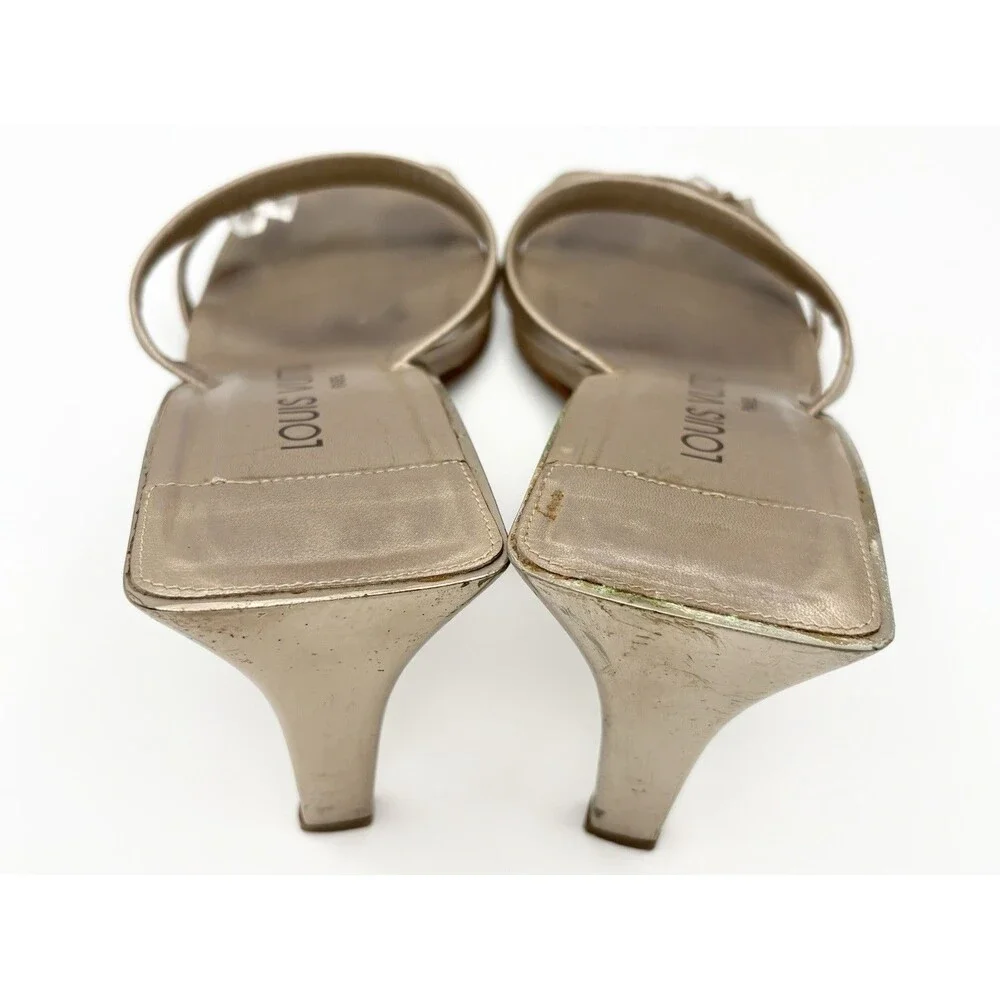Louis Vuitton Gold Metallic Mule Sandals w/ LV Dice Accent Vintage Size EU 39